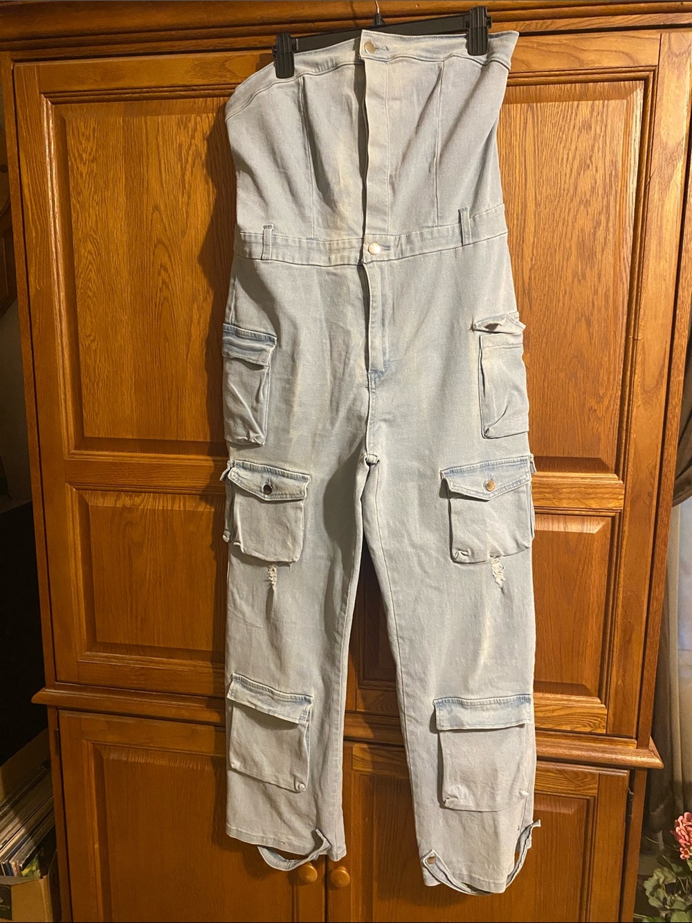 Strapless Light Blue Cargo Jumpsuit with Utility Pockets